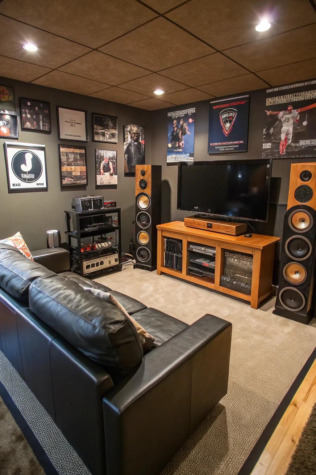 A personalized audio setup makes an immersive atmosphere in this man cave.