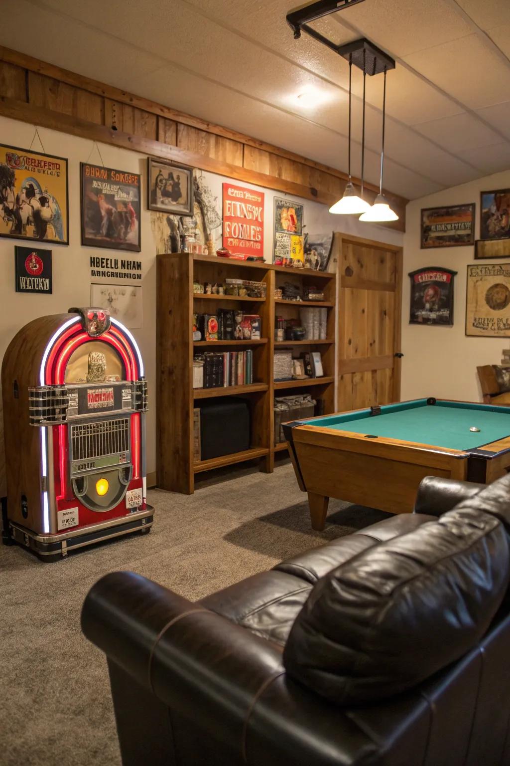 Vintage pieces infuse a man cave with nostalgic grace.