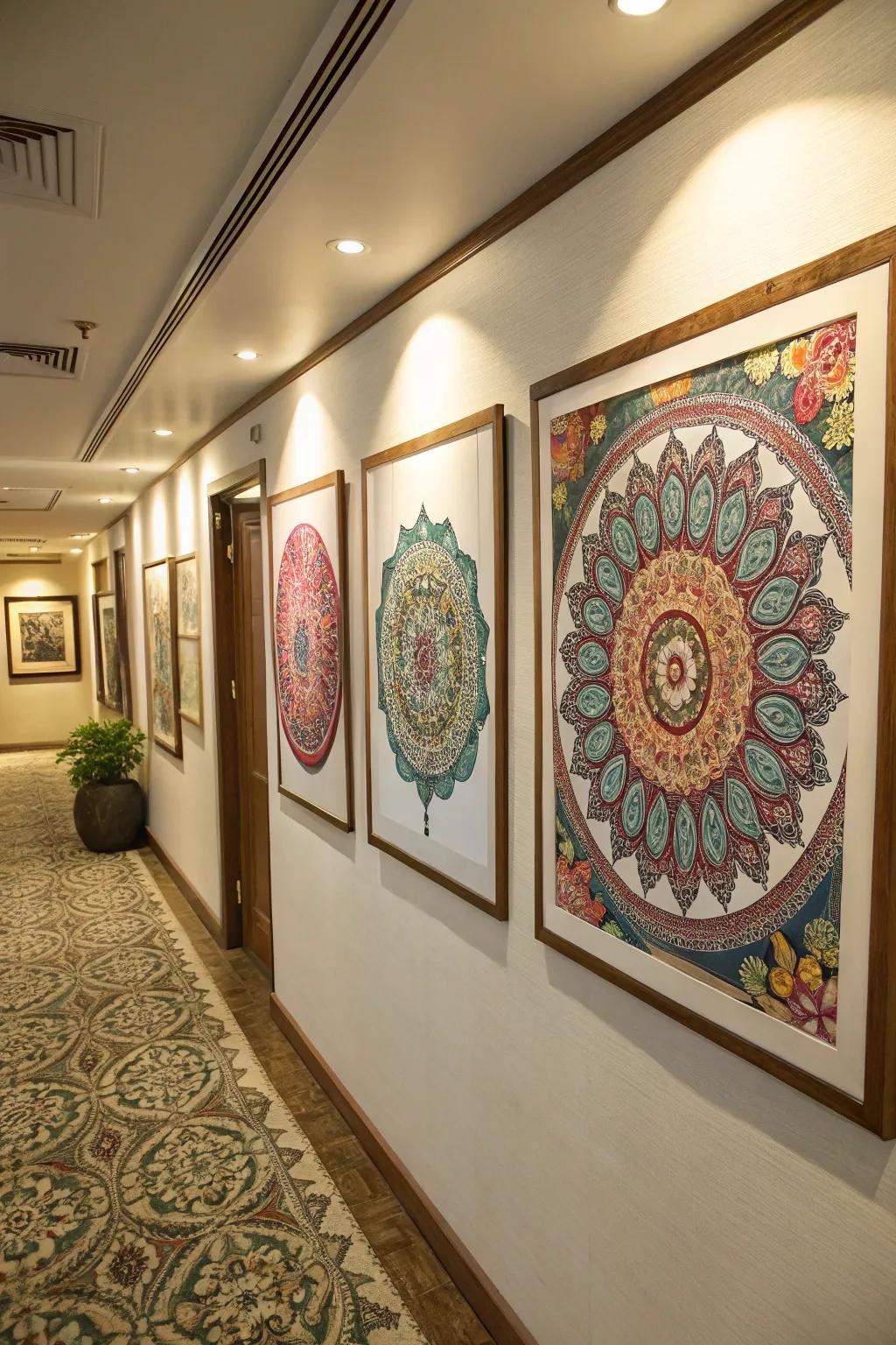Mandala needlework art adding handcrafted charm to a hallway.