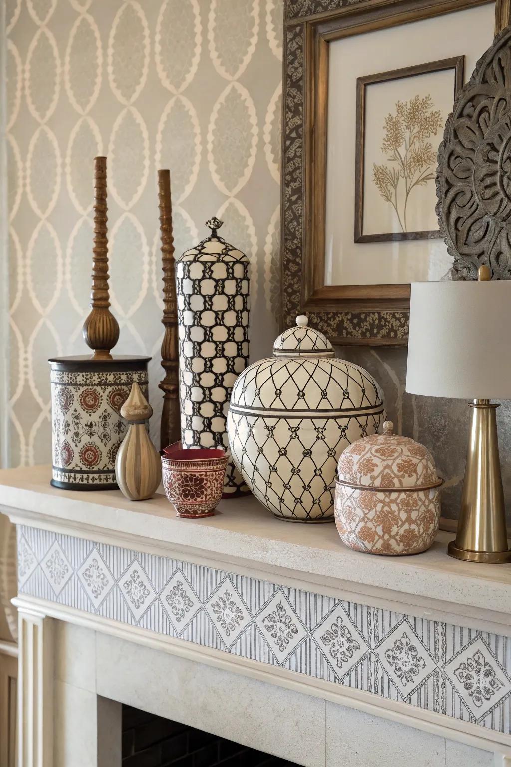 Lively prints inject personality and visual intrigue into the mantel.