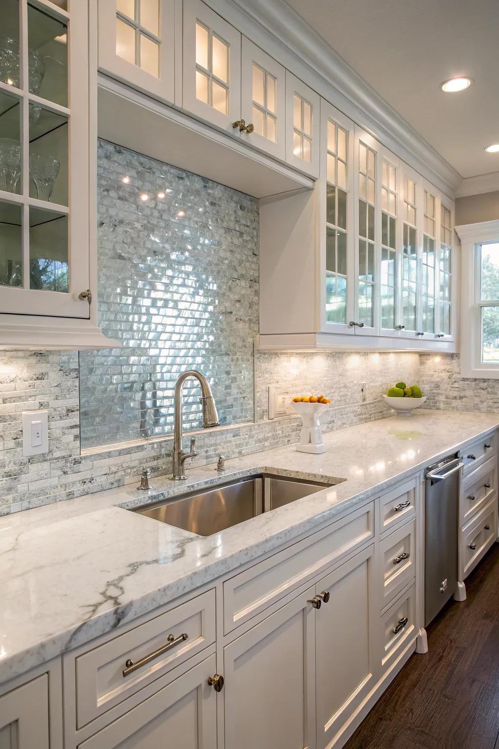 A sophisticated kitchen with a fusion of stone and crystal panels.