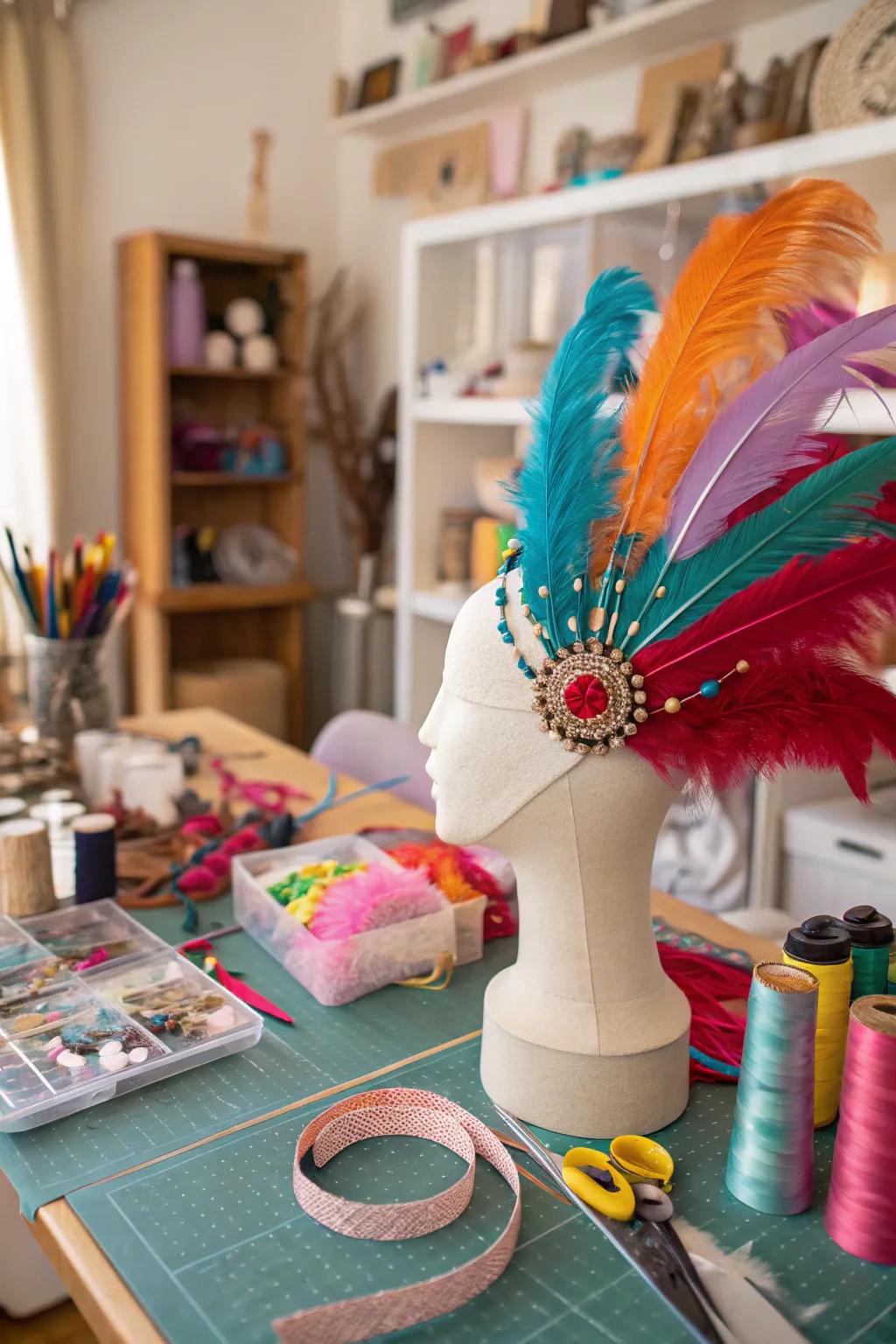 Feathered hairpieces add a touch of elegance and fun to the celebration attire