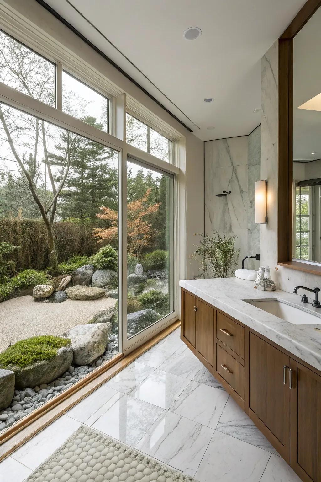 A Zen garden view elevates the serenity of this master bathroom.