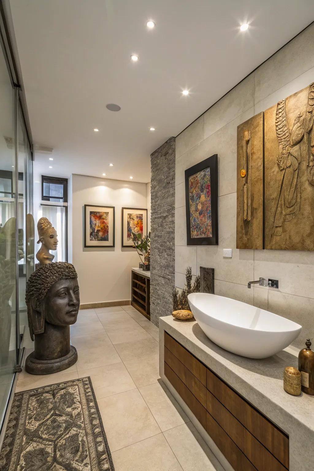 Bathroom transformed with creative elements, creating a gallery-like space.