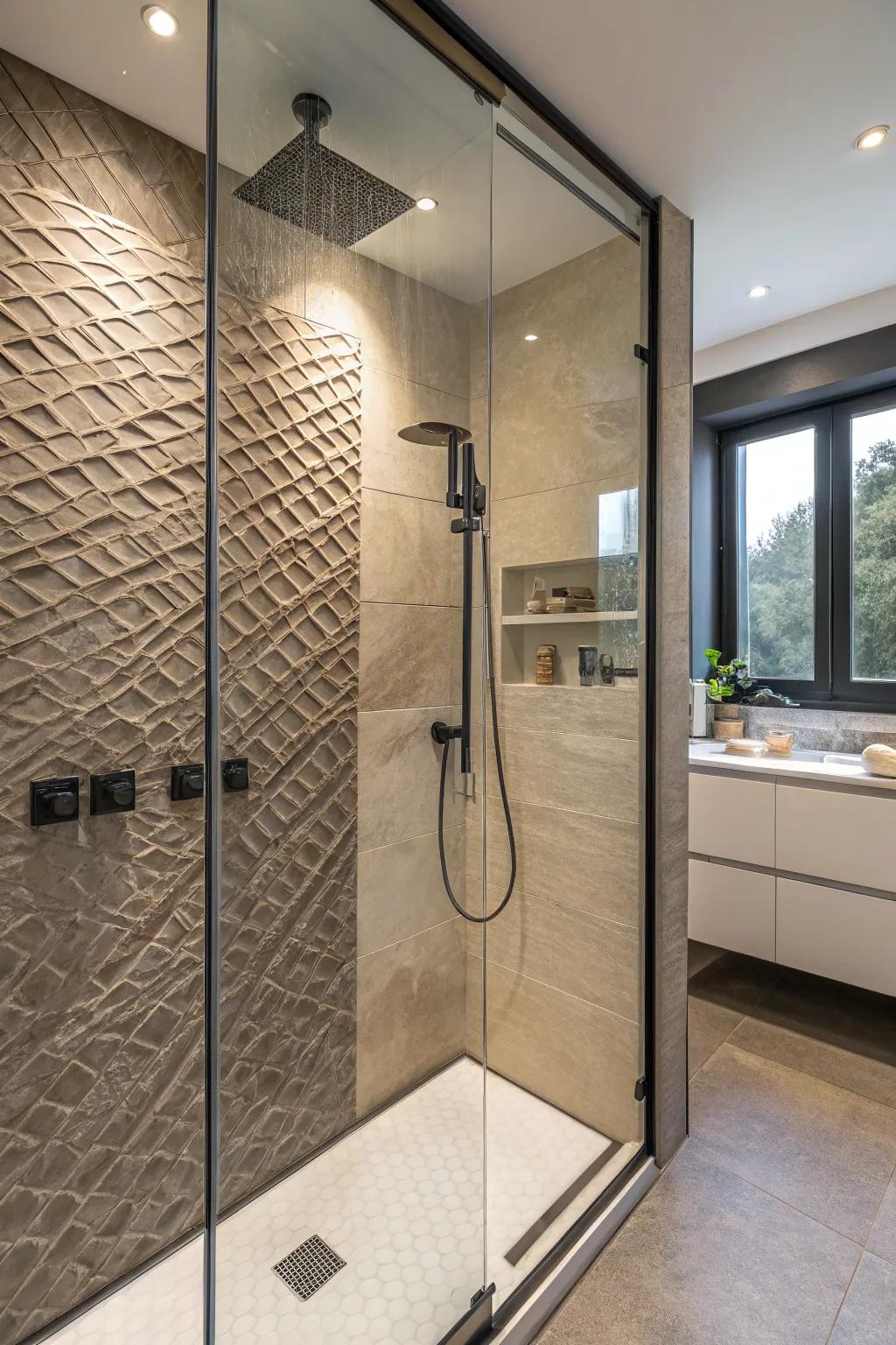 A textured accent wall adds character to your shower.