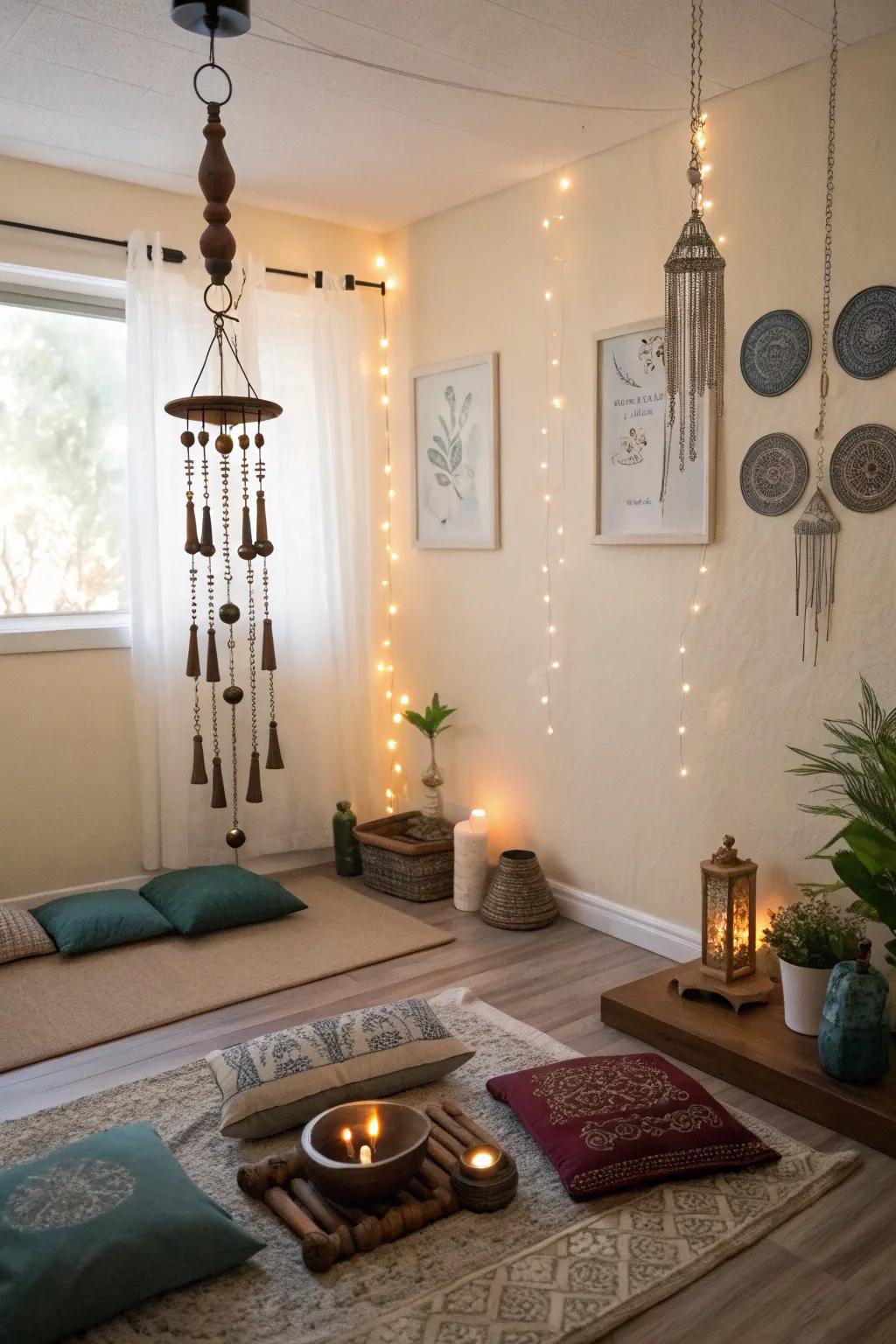 DIY wind chimes add a soothing auditory element to your meditation space.