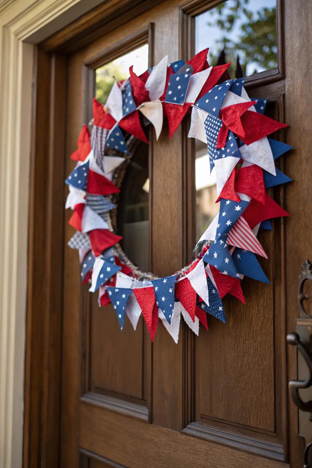 A striking display with textile banners on a wreath.