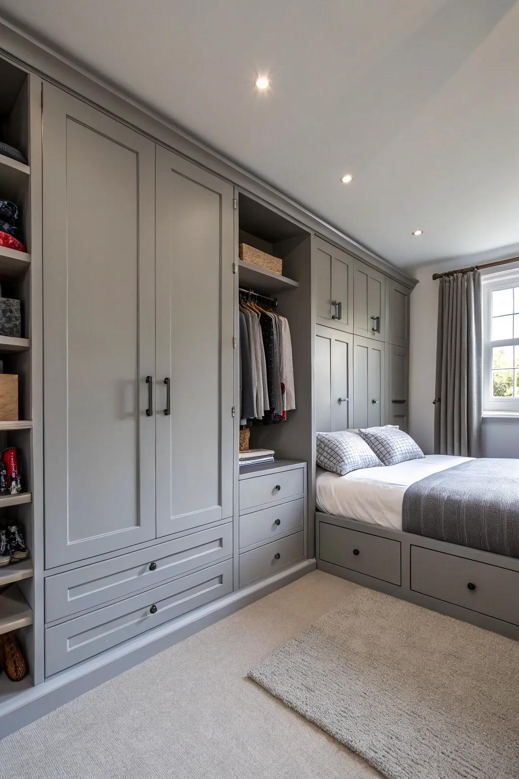 Smart storage options keep the grey bedroom clean and uncluttered.