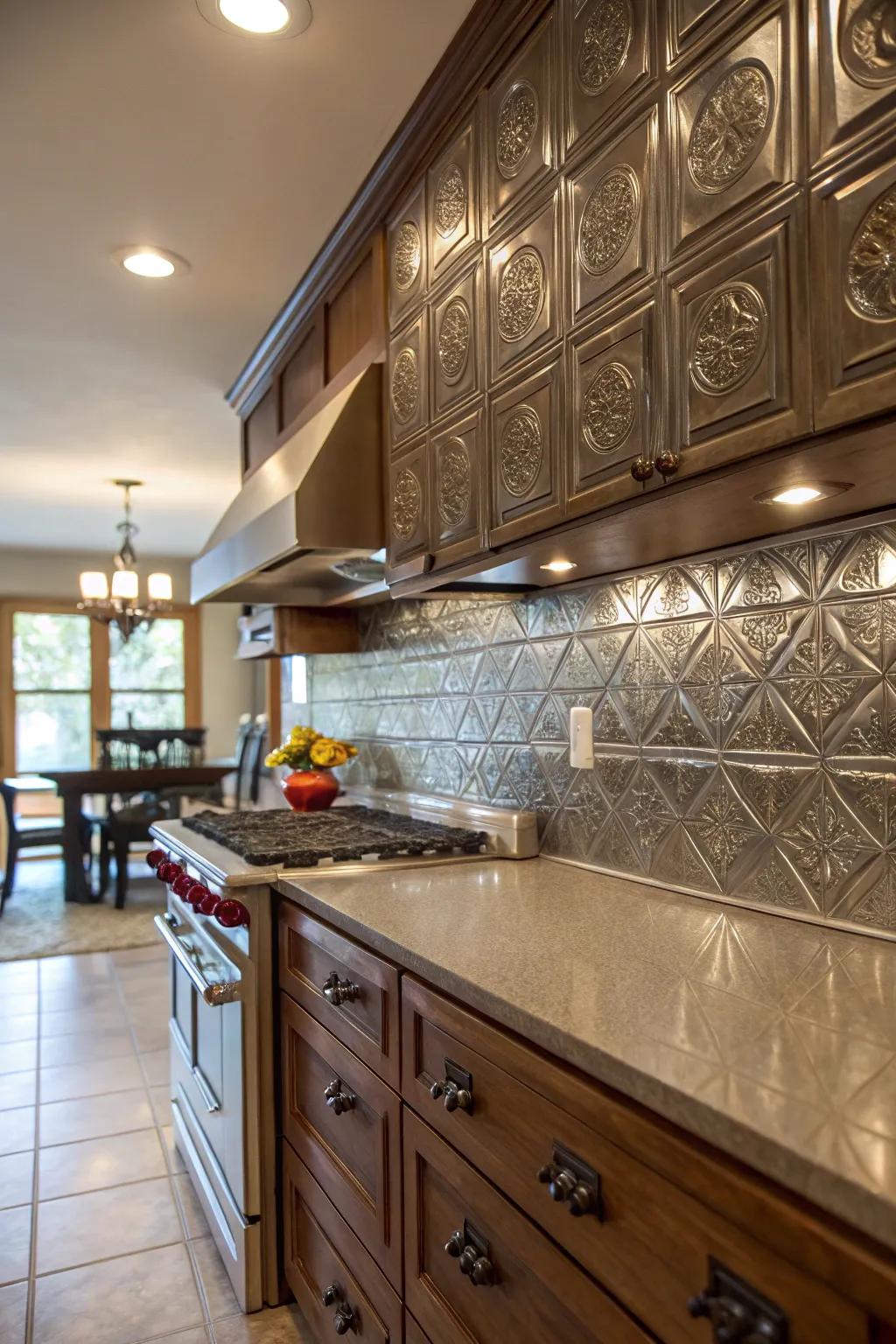 A kitchen showcasing a classic tin metal backsplash.