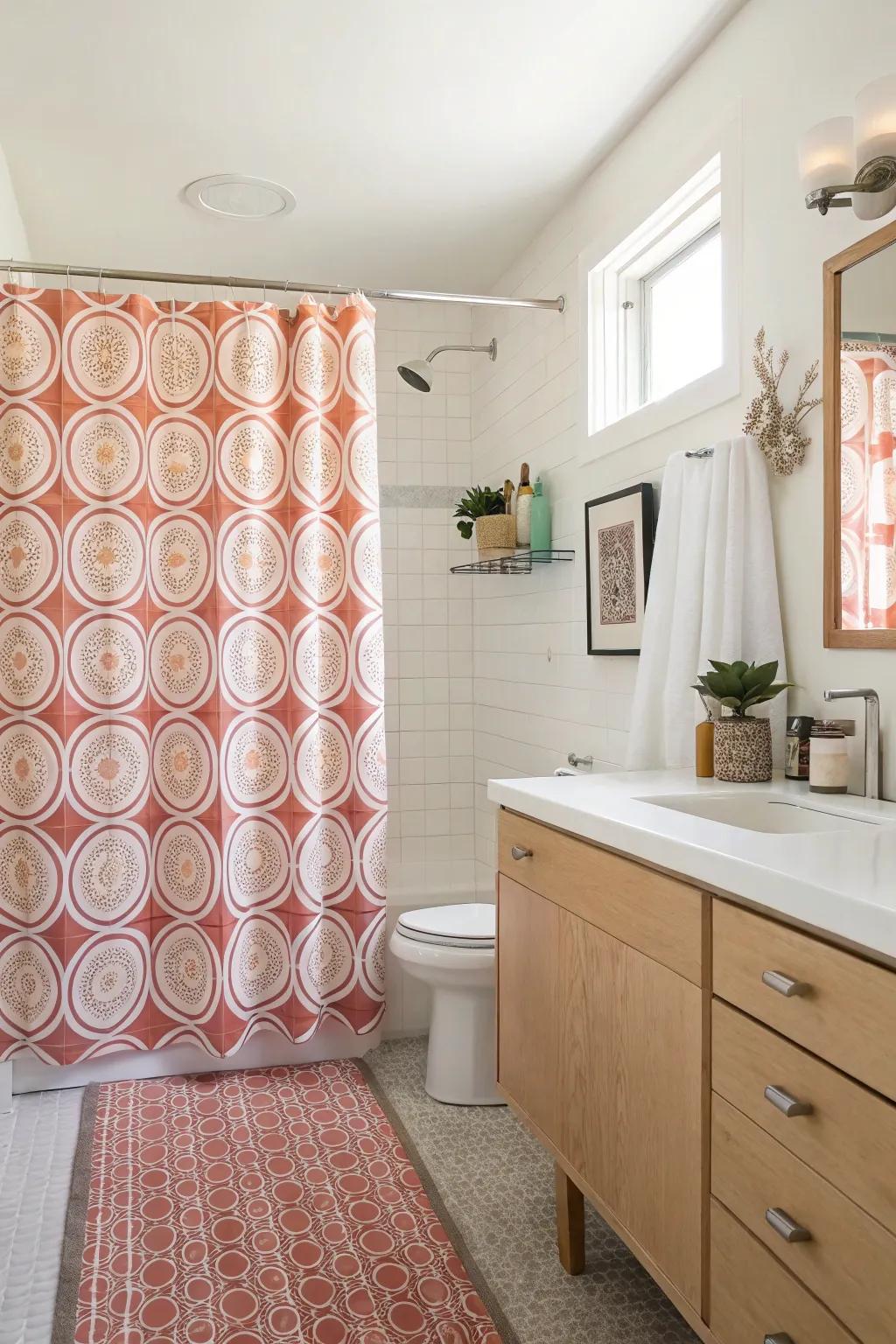 Retro shower curtains bring a playful element to the bathroom.