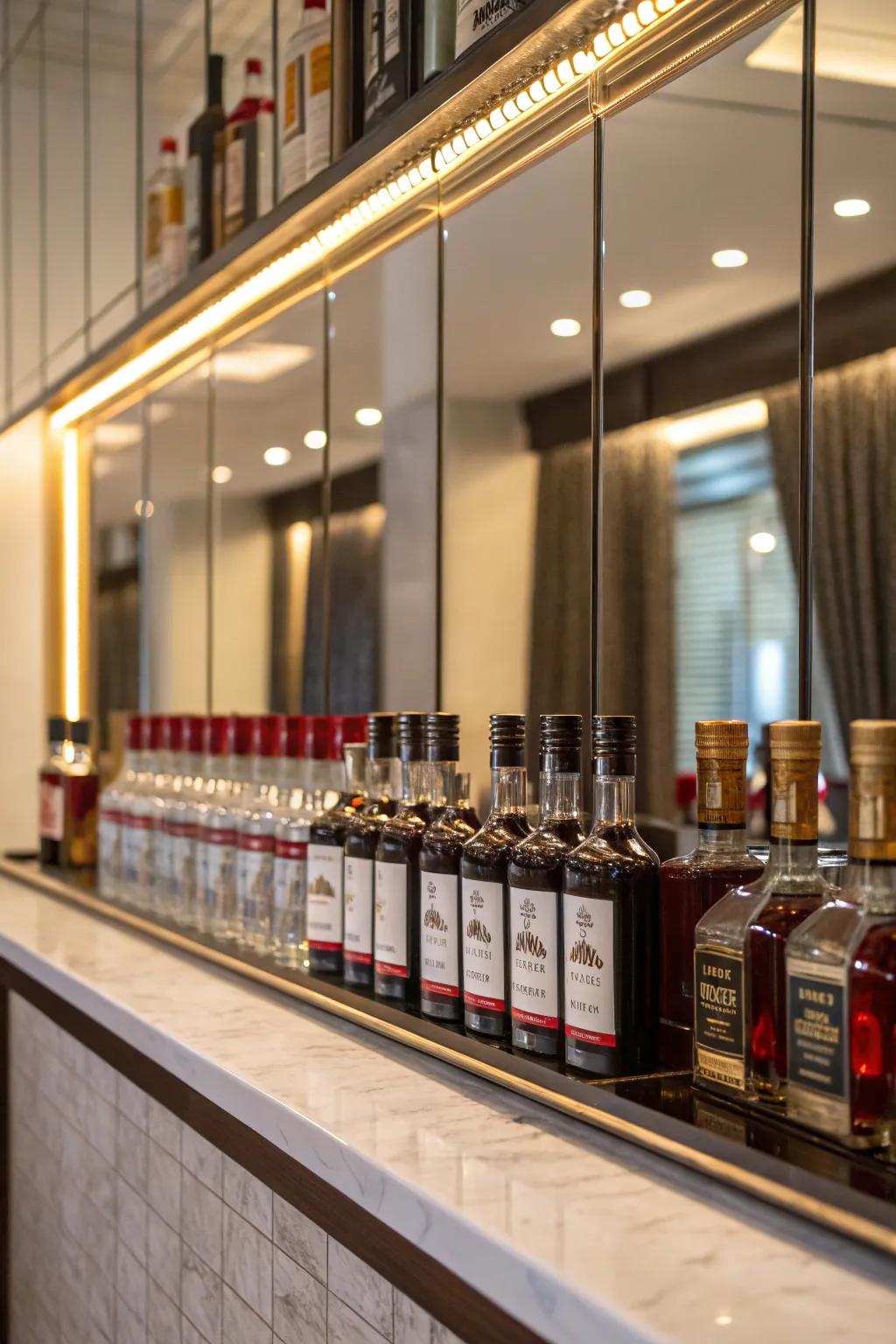 A mirrored backing forging an expansive visual impact for miniature liquor bottles.