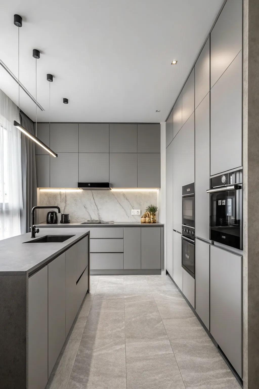 A minimalist kitchen with a harmonious single tone color layout.