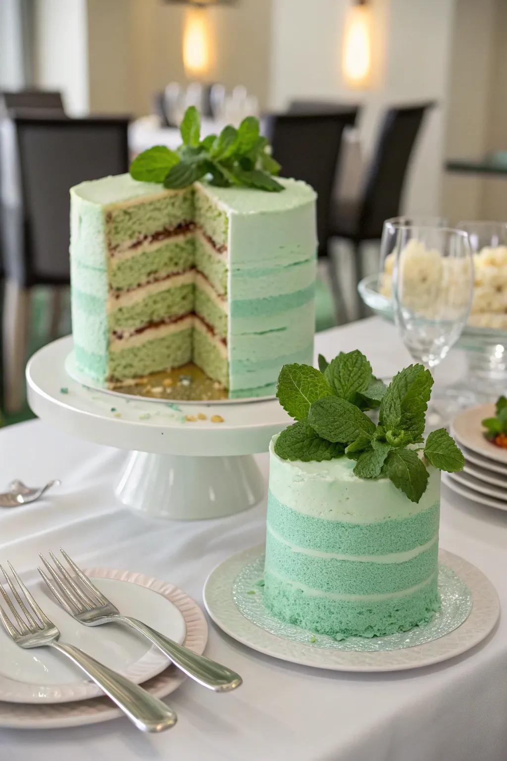 A multi-layered mint green cake composed with sentiments of warmth.