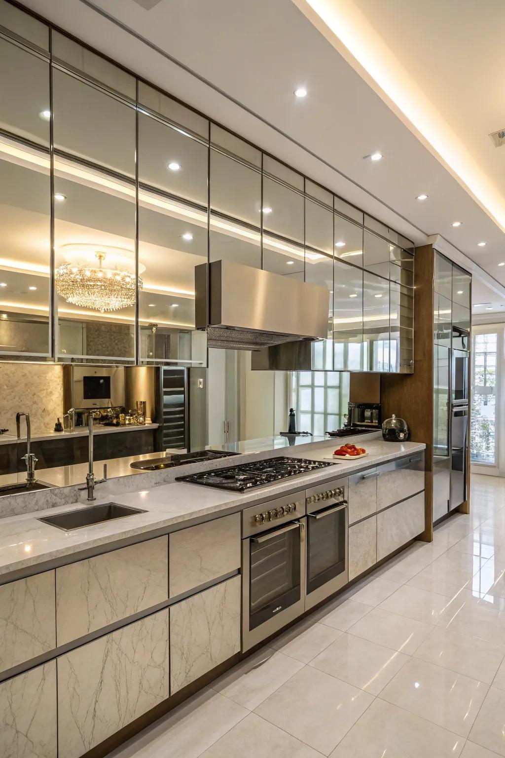 Mirrored backsplashes contribute light and space to culinary spaces.