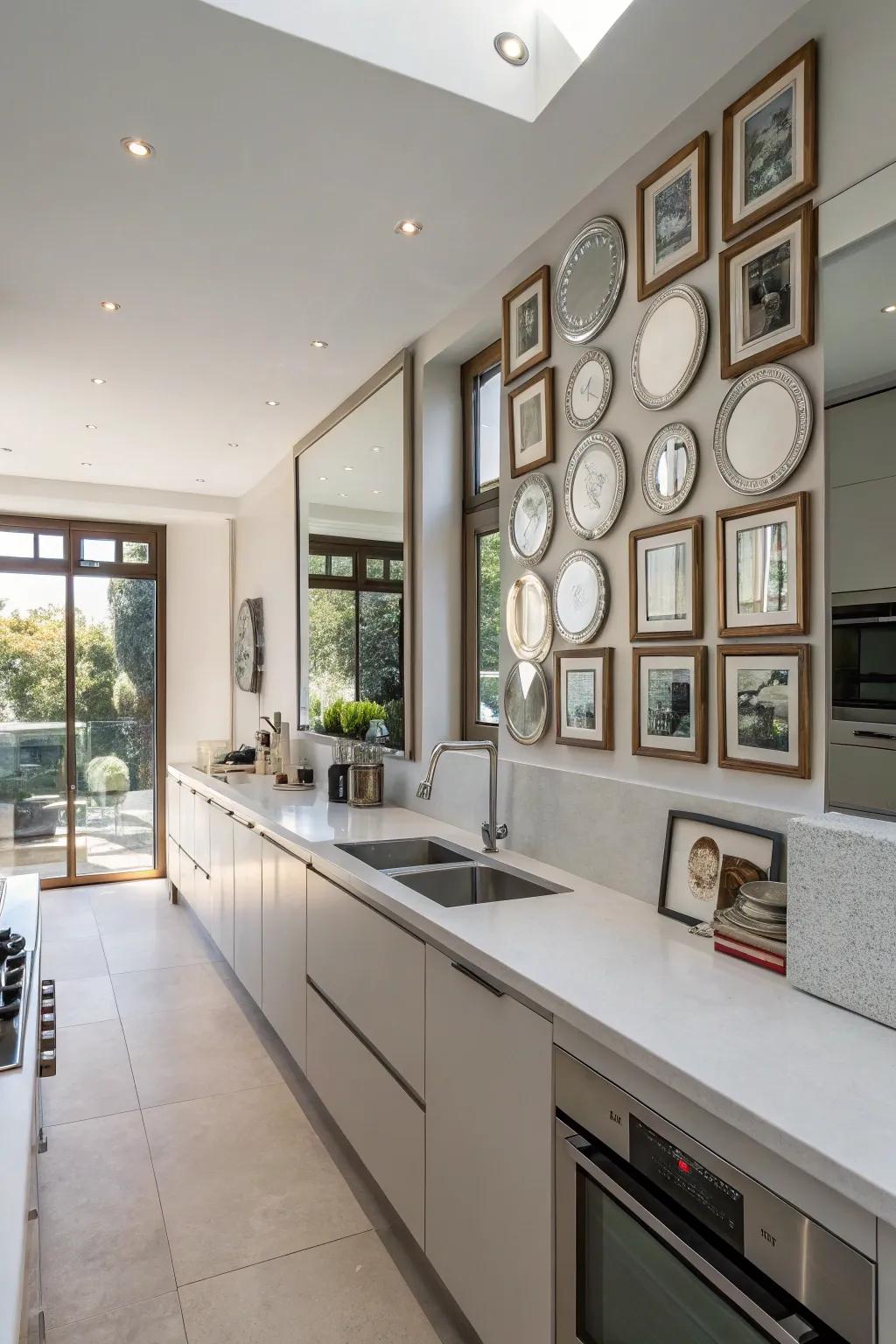 Mirrors arranged as art, blending beauty and practicality in the kitchen.