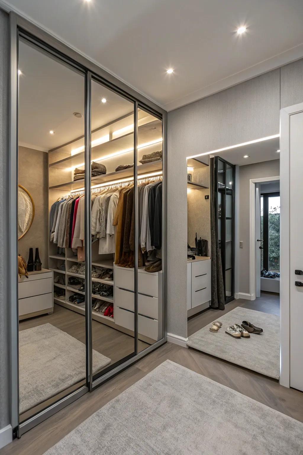 Employ mirrored doors as dividers in open closet designs.