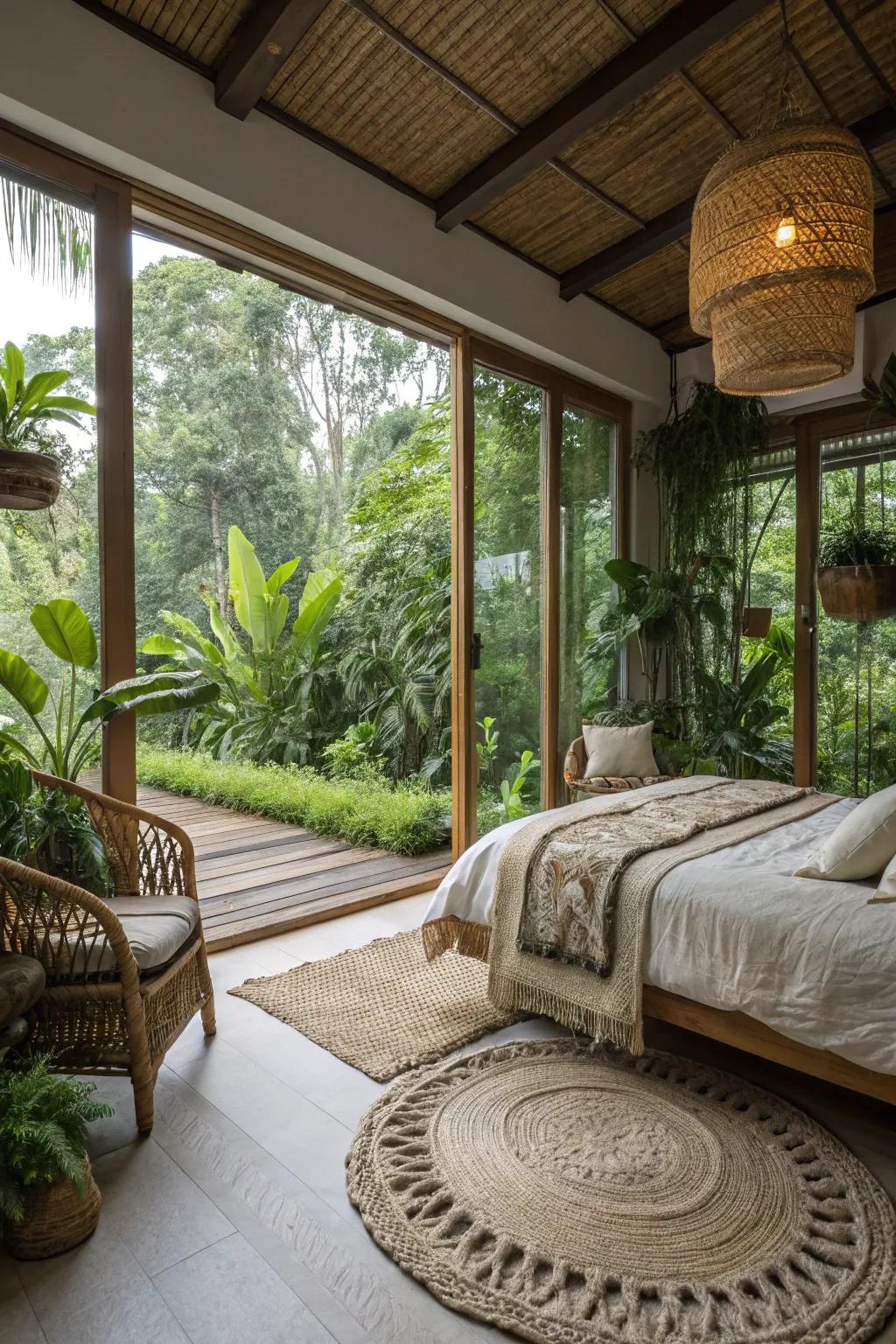 Natural elements create a serene bedroom atmosphere.