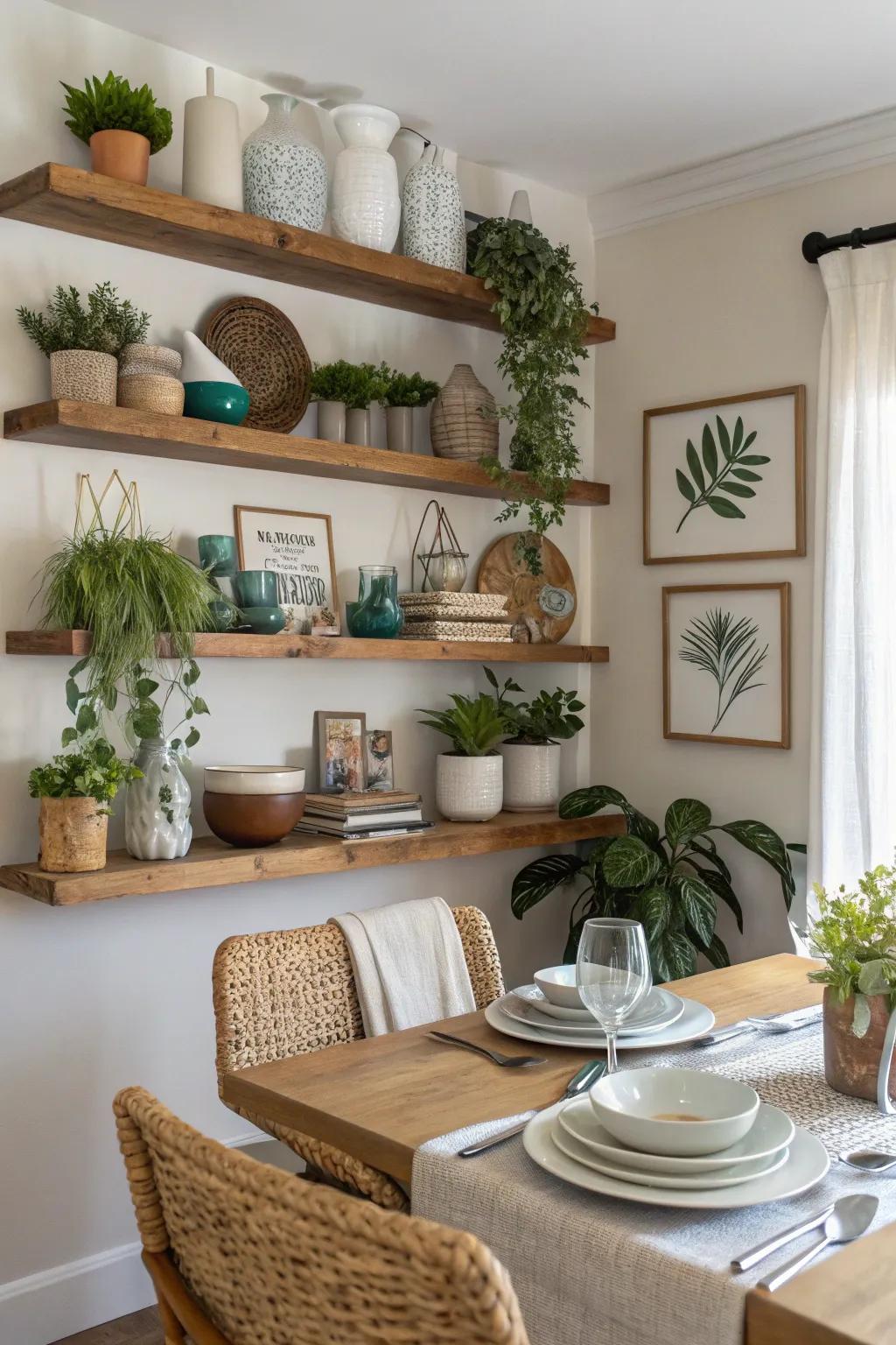 Shelves that float give you storage that looks good.
