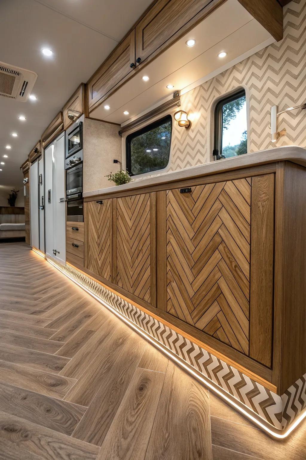 Mixing chevron and herringbone patterns enhances skirting design.