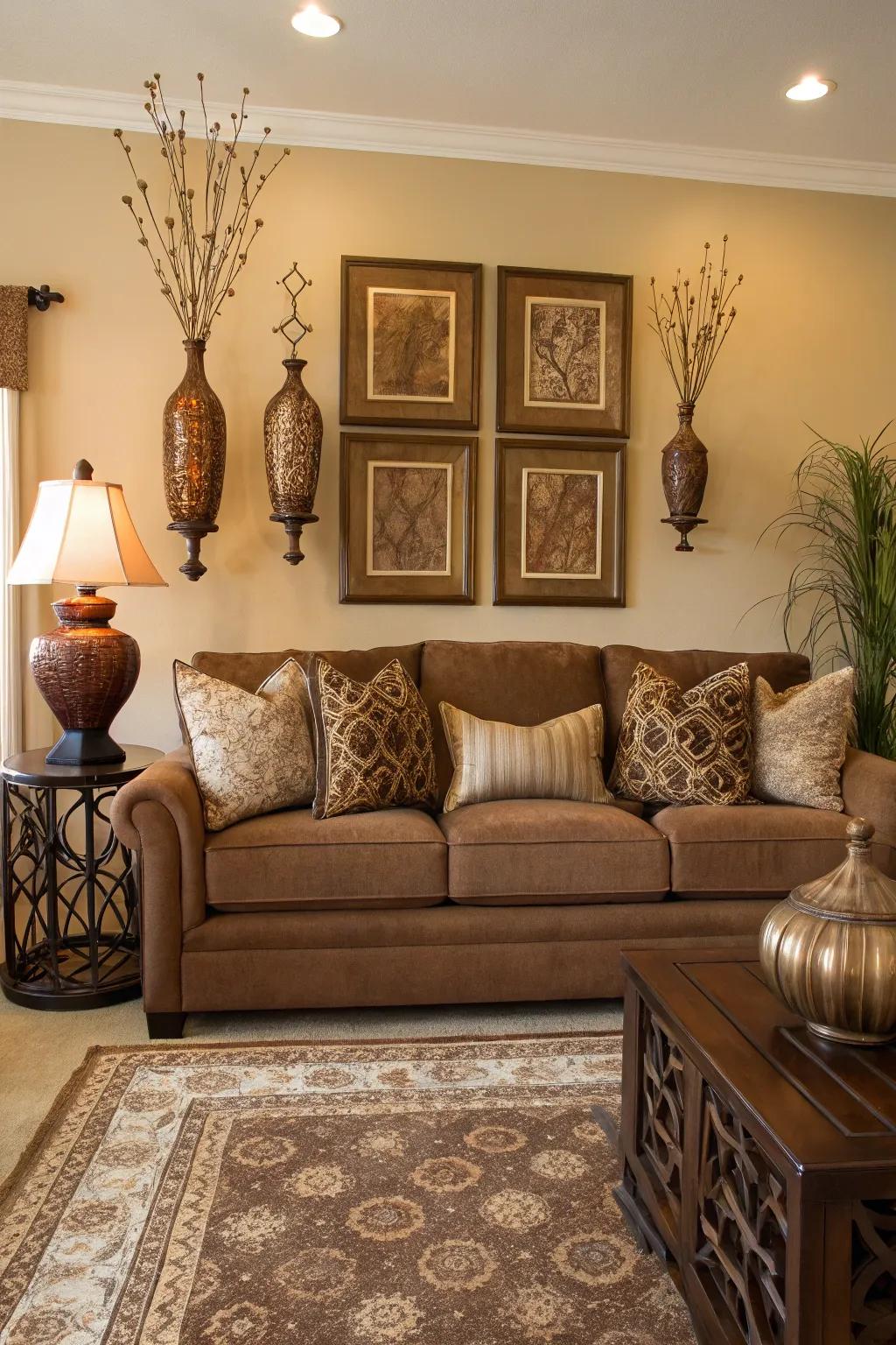 Symmetrical elements create a balanced and harmonious space around the cacao sofa.