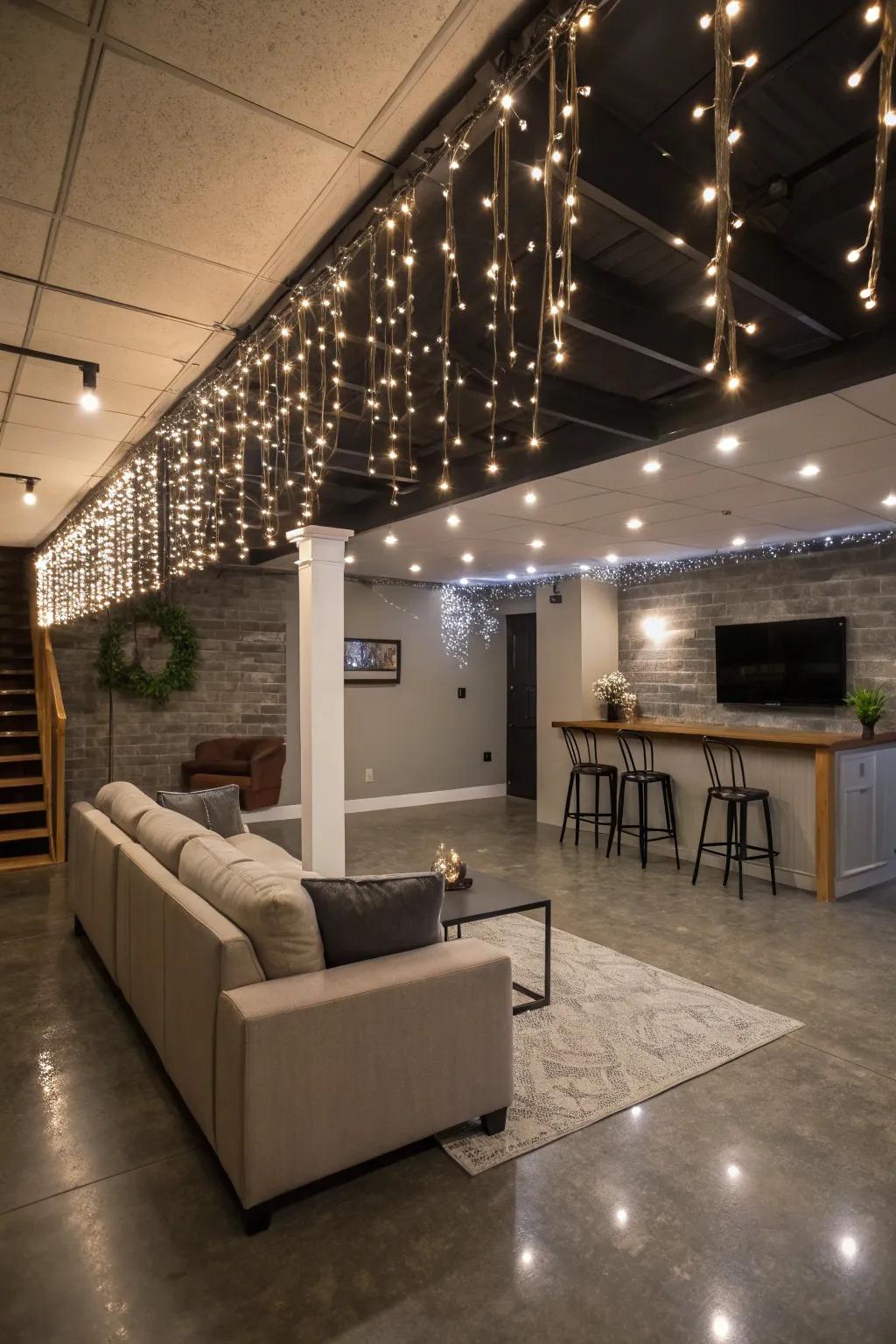 Sparkle lights append a whimsical and comforting touch to the basement.