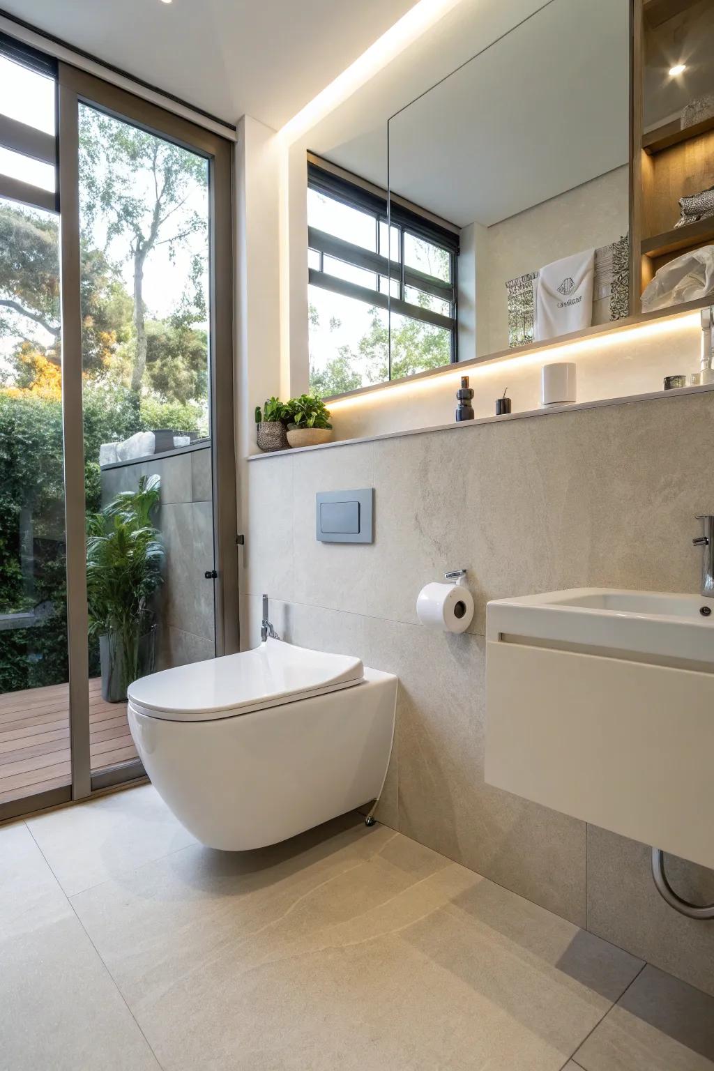 A wall-mounted toilet adds to a simple and sleek look.