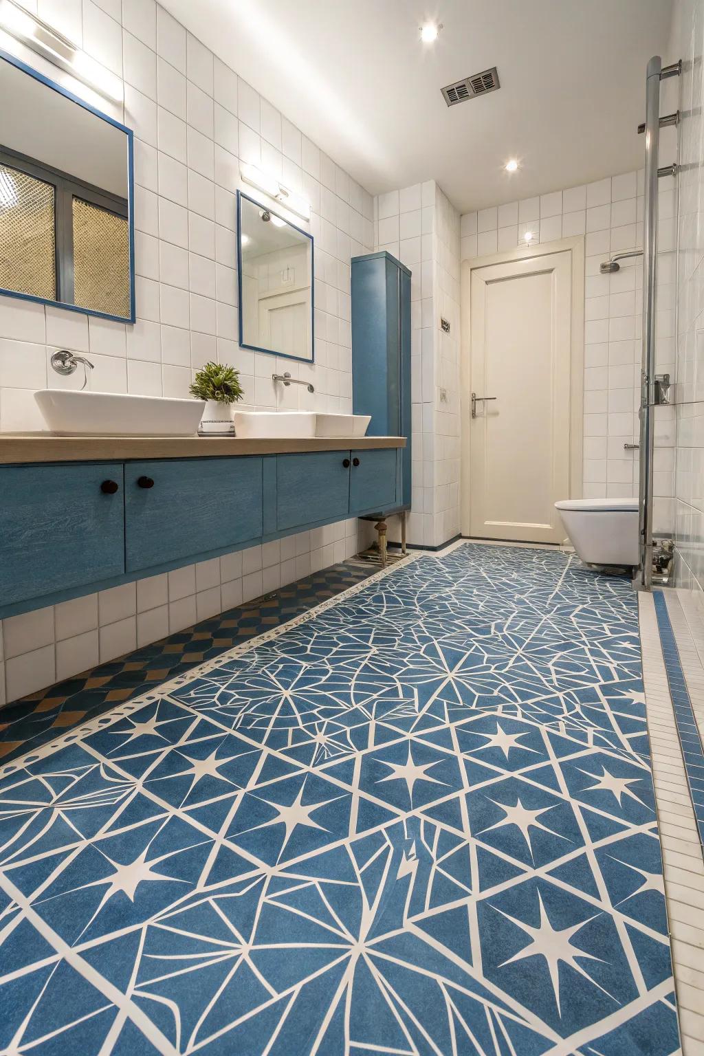 Geometric azure floor terra tiles deliver striking opposition and contemporary appeal.