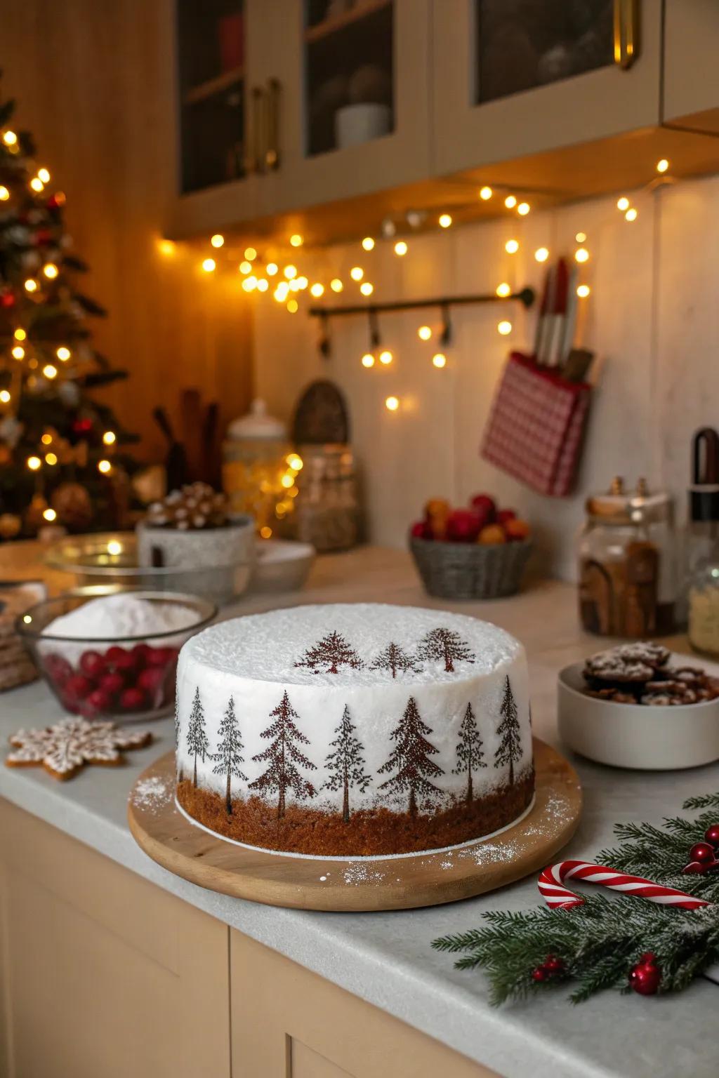 A yuletide cake showcasing an iced forest scenery