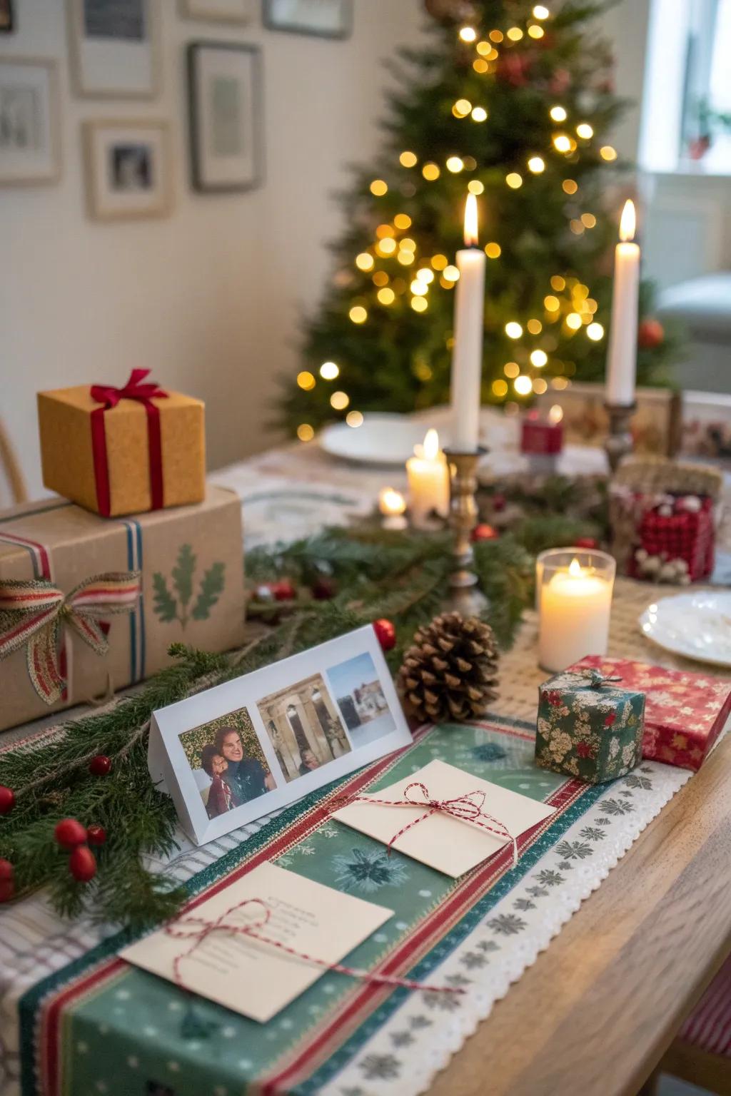 A personalized table design with homemade seat markers and favors.