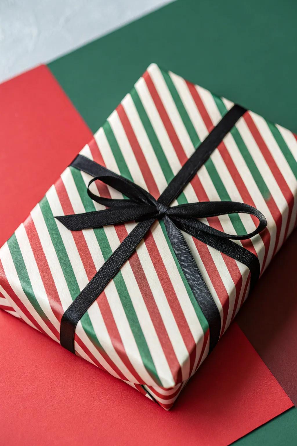 An eye-catching gift wrapped in strong stripes, sure to stand out under the festive tree.