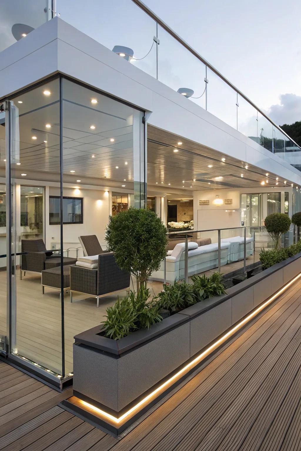 Glass panels offer a futuristic and luxurious feel to your deck skirting.