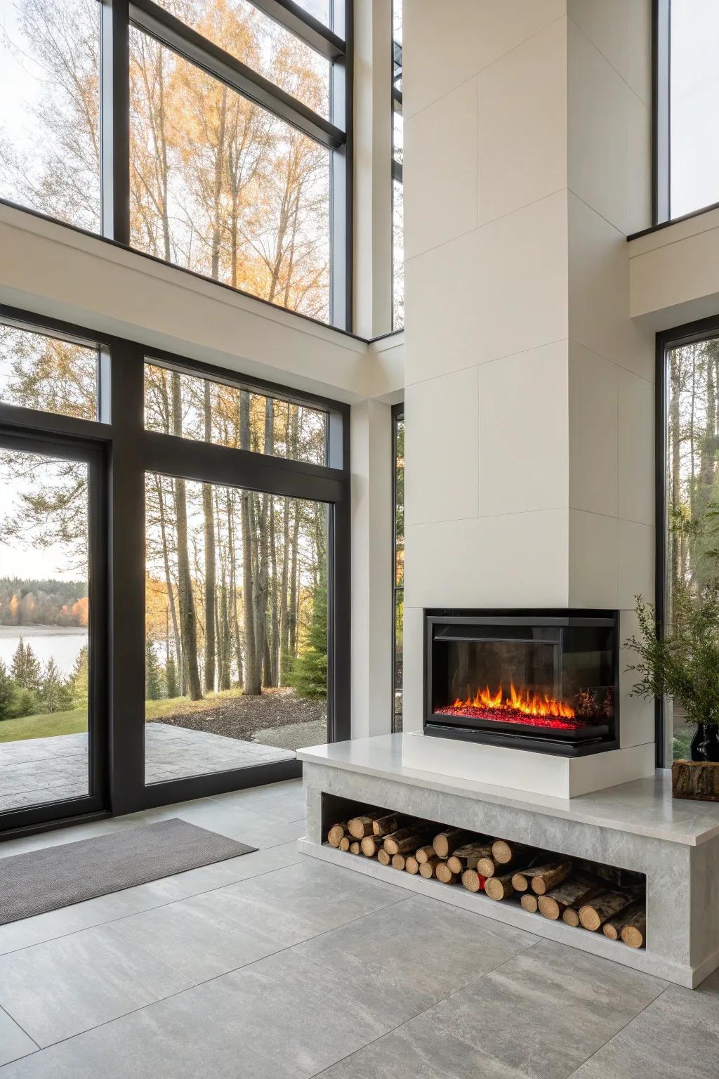A modern home showcases an energy-efficient electric fireplace and sustainable design.