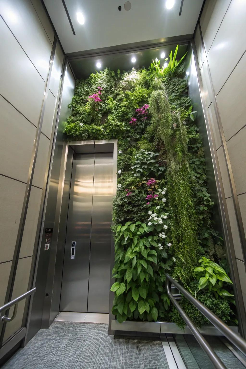 An amazing elevator with an upright garden for a breath of fresh air.