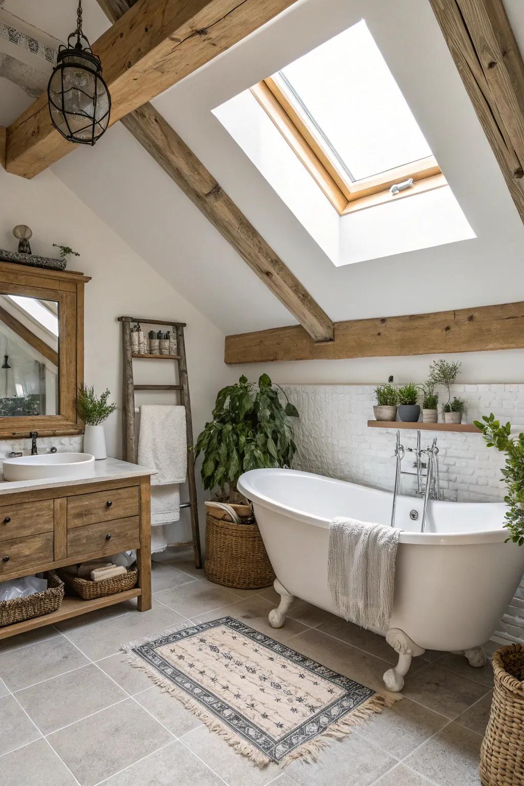 A skylight enhances daylight within this snug lavatory.
