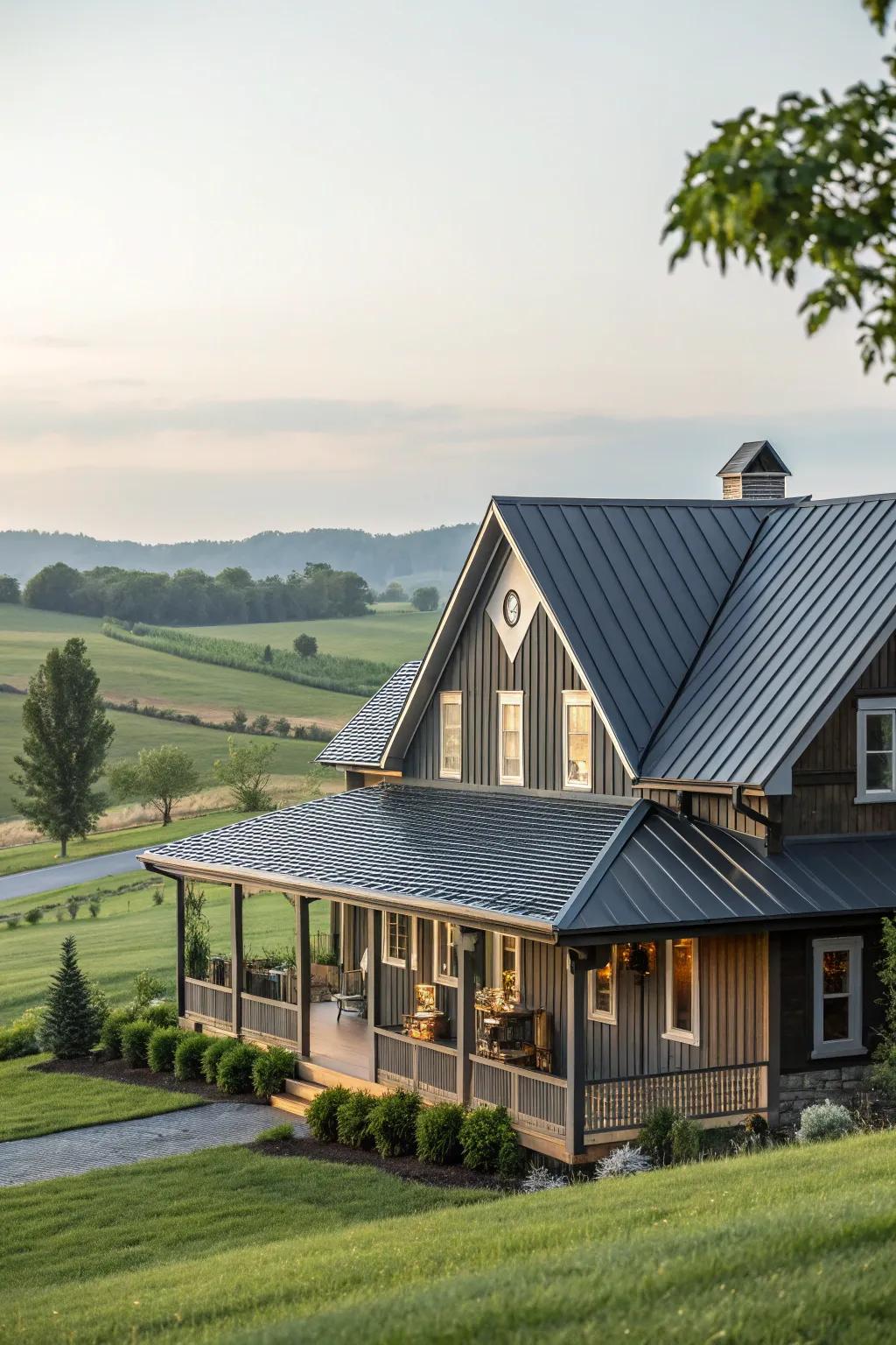 Classic elegance: A farmhouse featuring a profound coal metal roof.