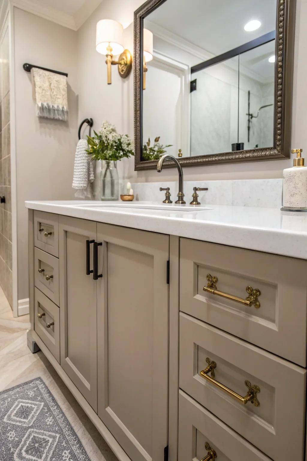 Unique hardware on vanity and cabinets in a powder room.