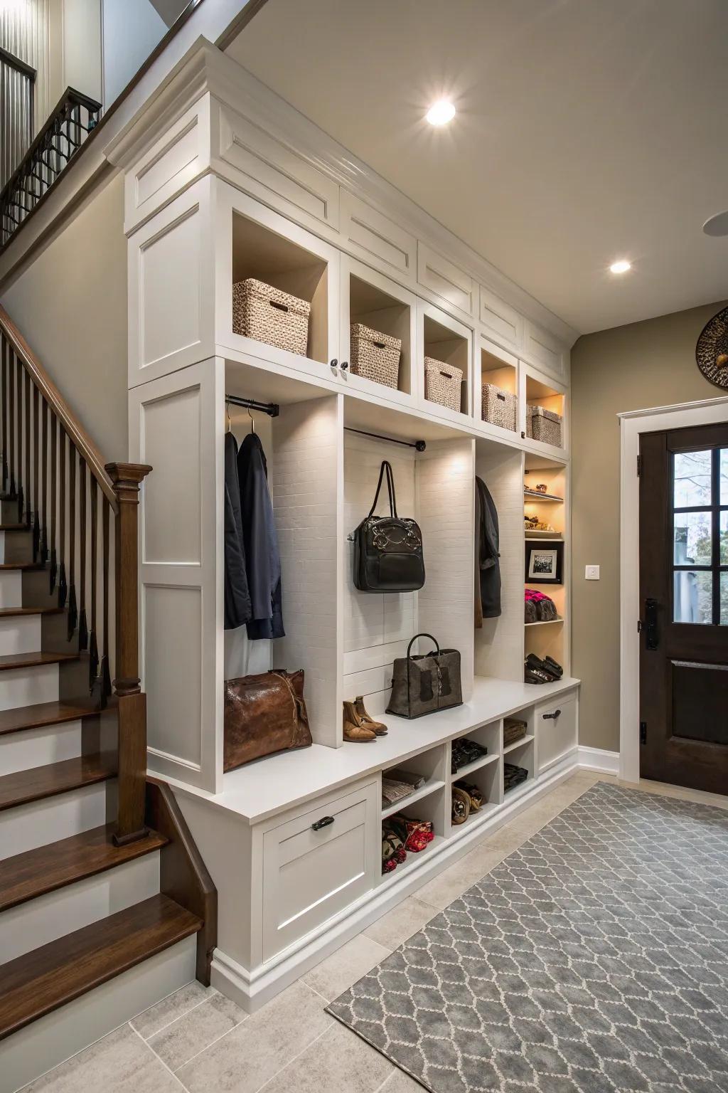 Resourceful stowage solutions sustain an organized and tidy entryway.