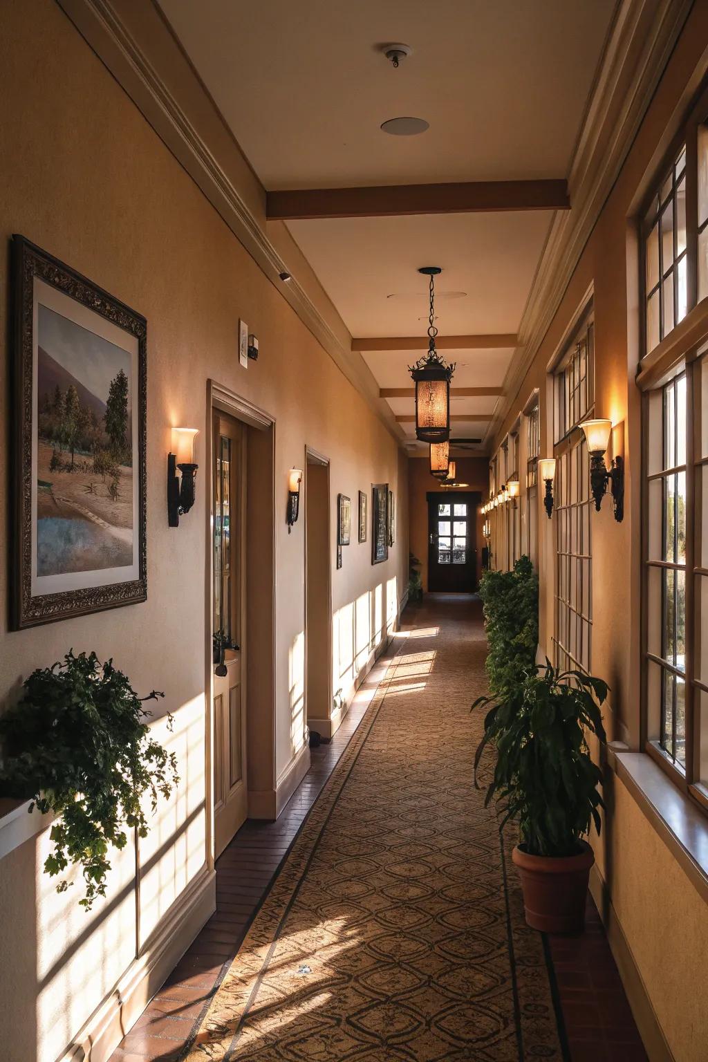 Layered brightness enhances depth and overall vibe inside the hallway.