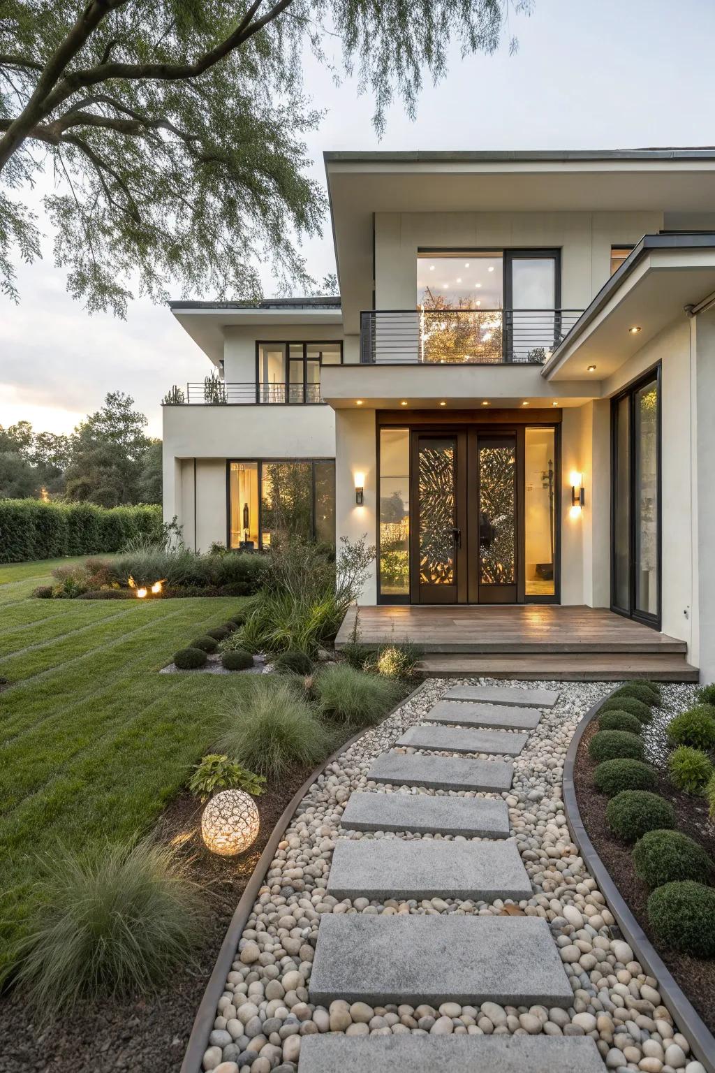 A modern home featuring a creative focal point at the entrance.