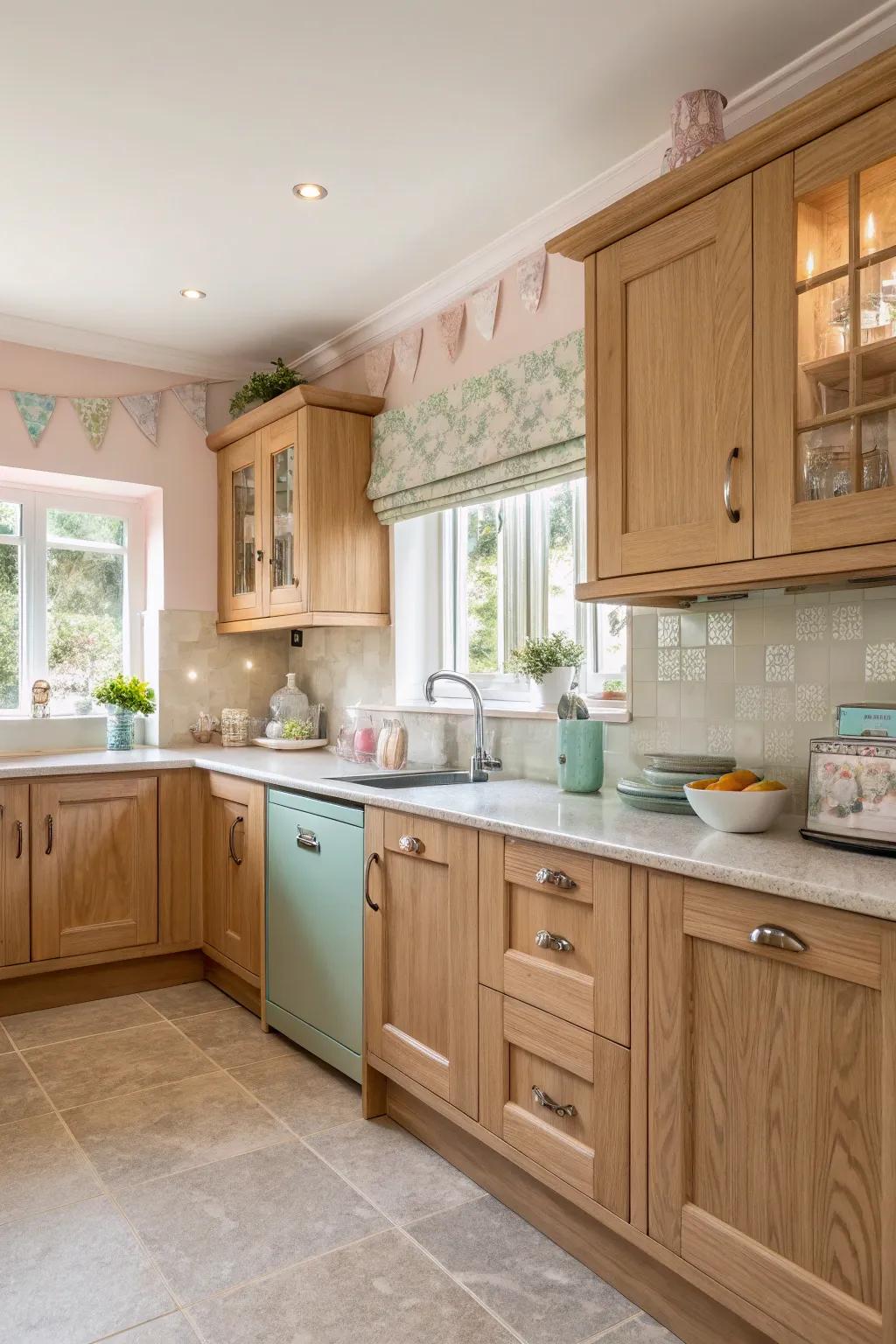 Soft hues bring a soothing, calming touch to oak cabinet kitchens.
