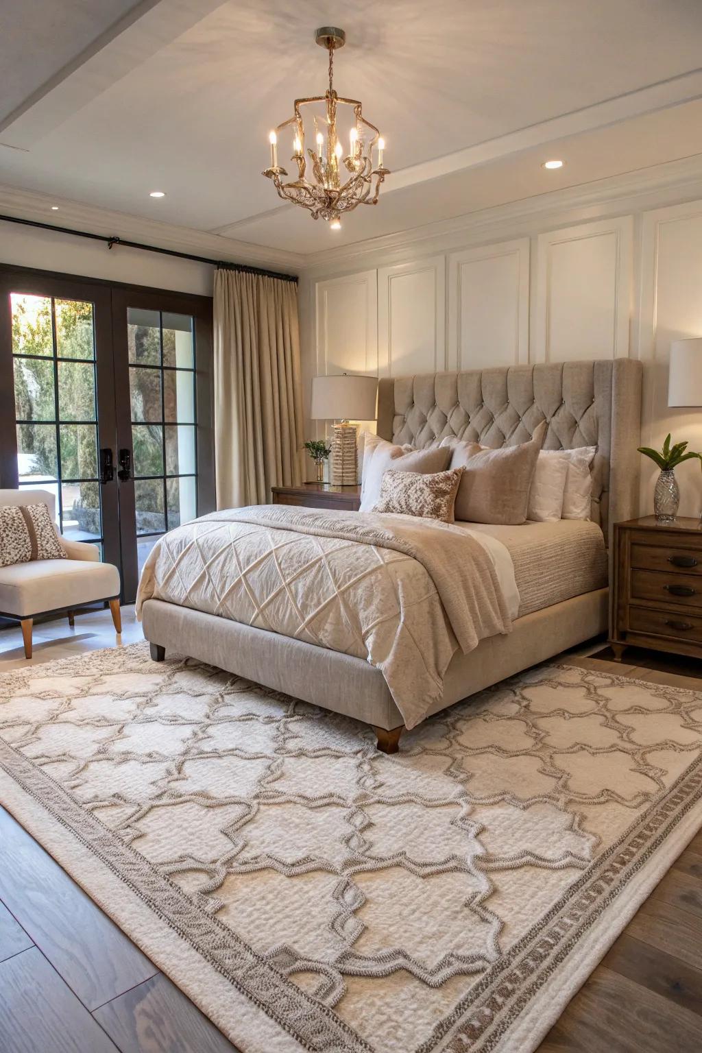 Floor coverings add depth and warmth to this contemporary bedroom.