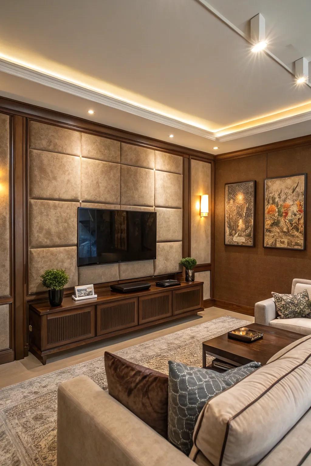 A felt setting injects opulence and elegance to a media wall.