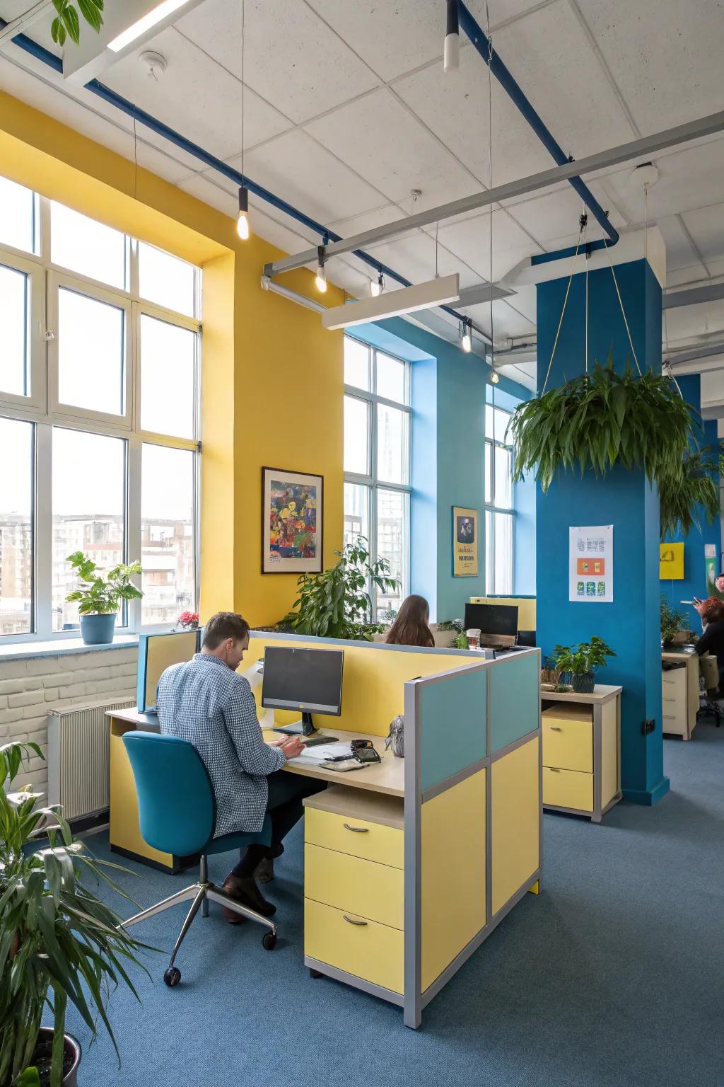 An office where color is applied strategically to influence mood and productivity.