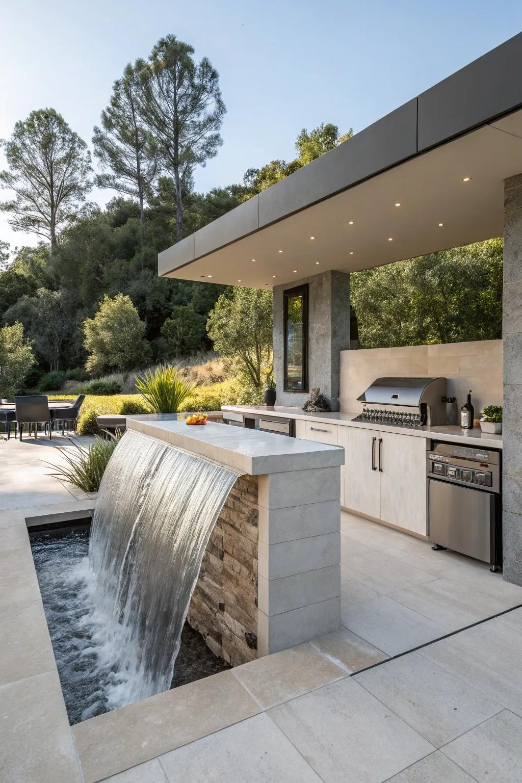 Waterfall surfaces that introduce drama and elegance to outdoor spaces.