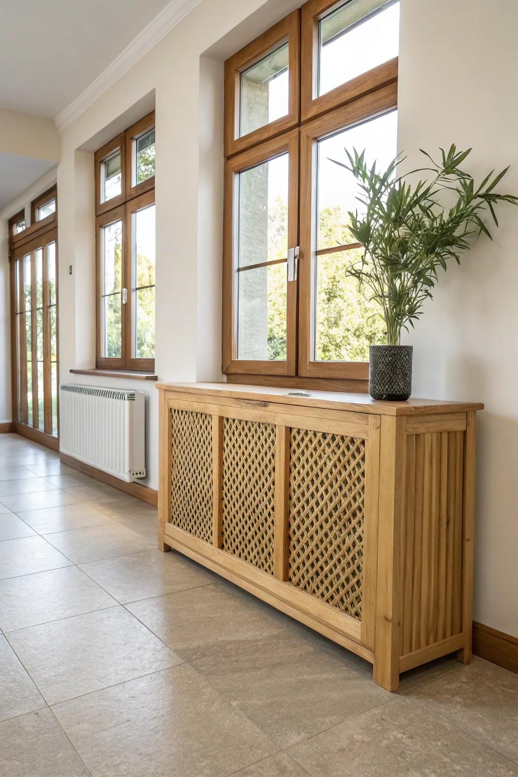 A radiator shield made from sustainable bamboo.