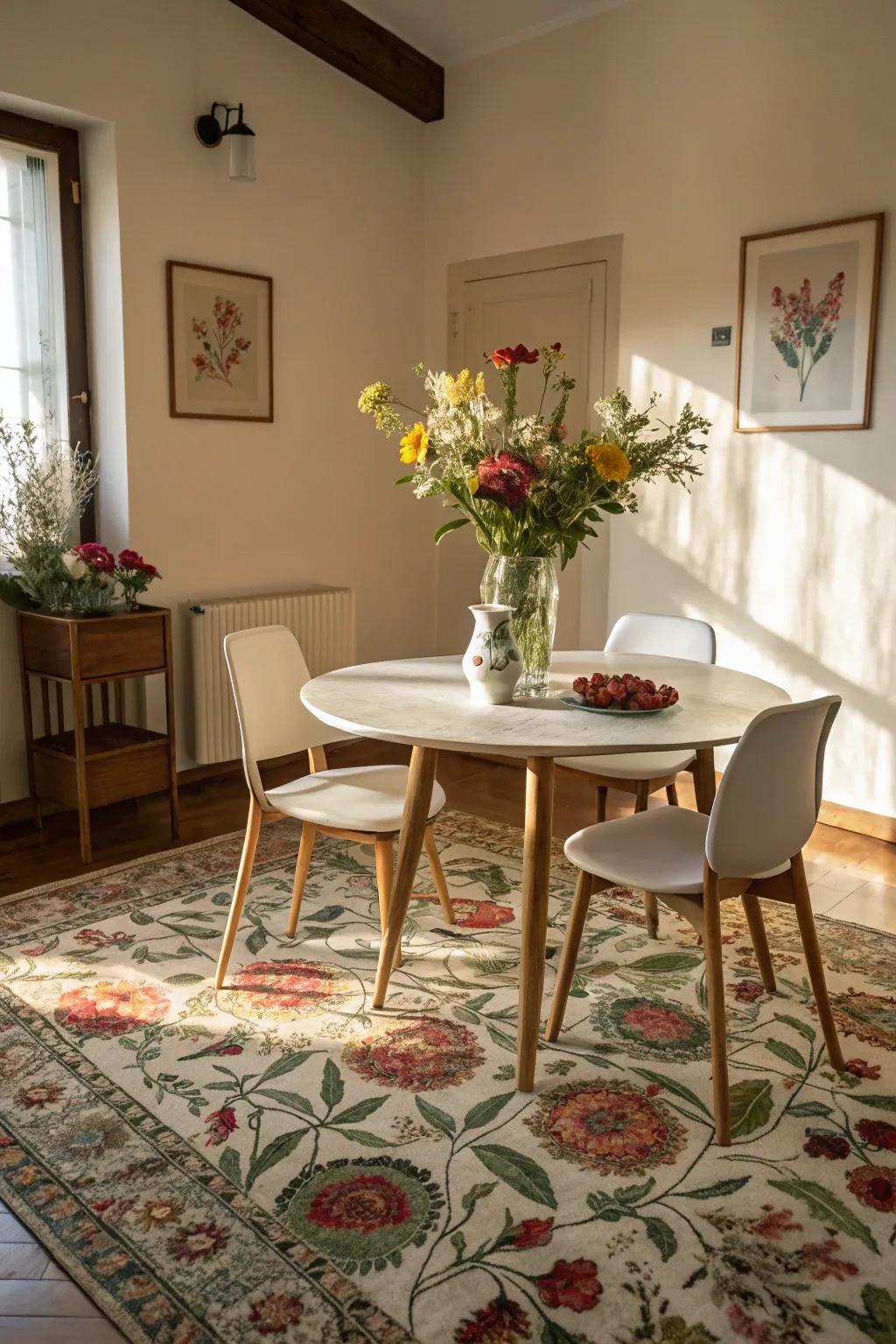 Interiors are given a natural, fresh feel by floral rugs.