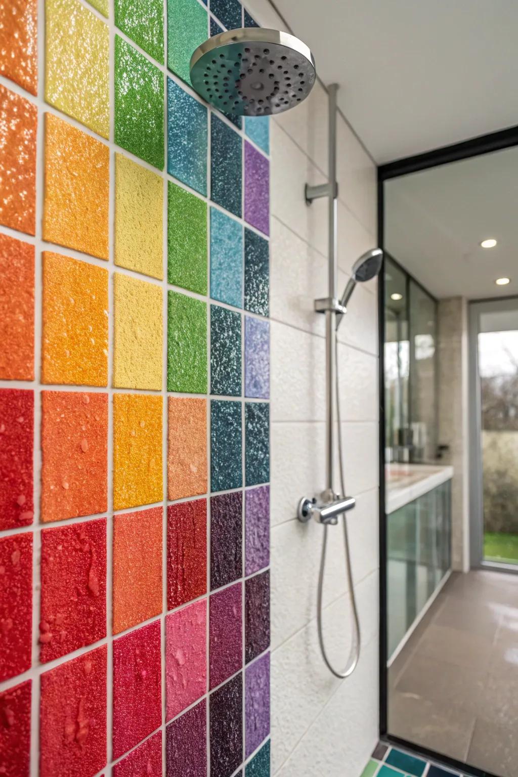 A bold shower design featuring vibrant tones and dimensional materials.