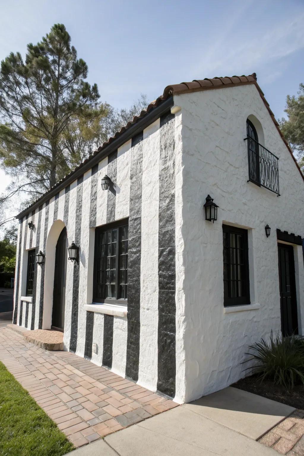 Stucco house showcasing striking ebony and ivory contrasts.