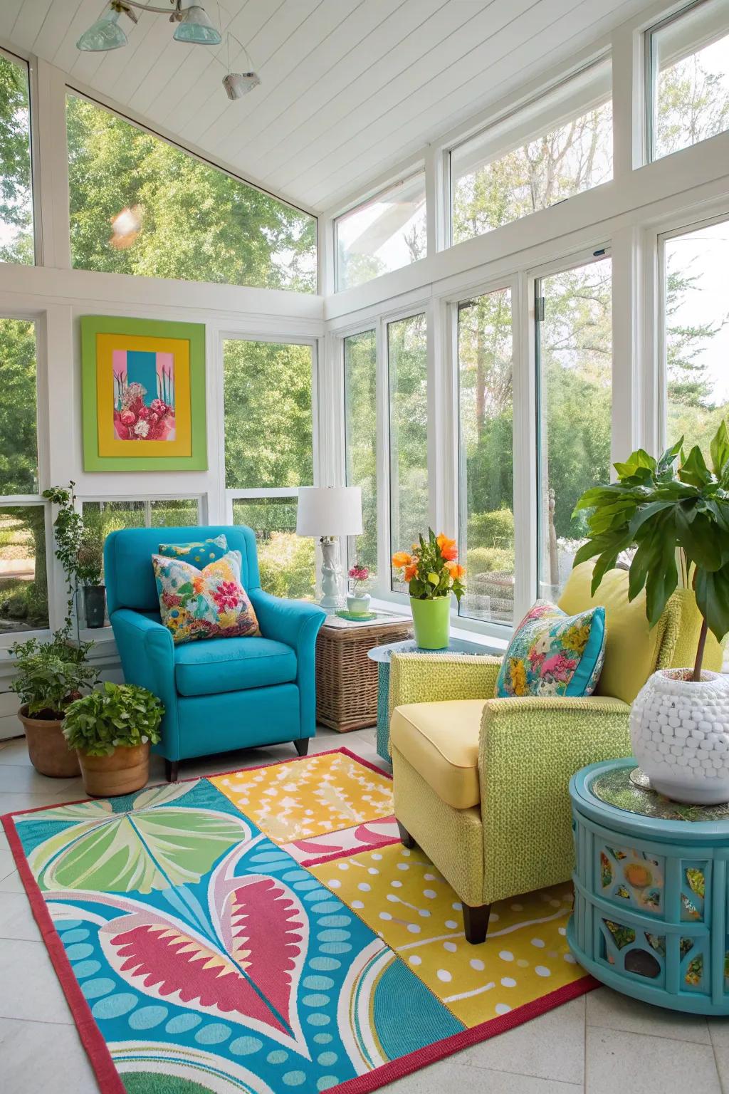 A splash of color brings vibrancy to this modern sunroom.