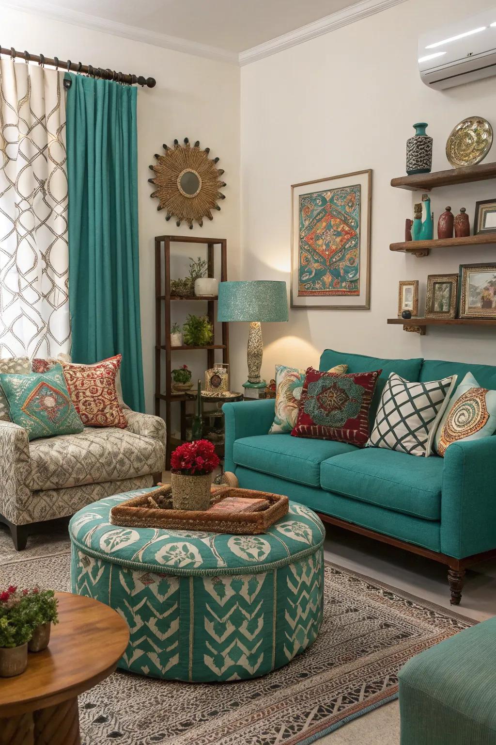 An eclectic mix of patterns and colors with teal as the central element.